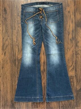 Women's Blue Flared Jeans with Lace-Up Waist